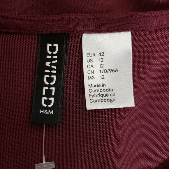 Divided H&M Women Dress 12 Maroon Fit & Flare Mesh Sheer Short Sleeve Above Knee - Picture 7 of 8